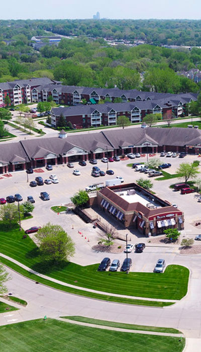 aerial view of shopping center in Urbandale, IA